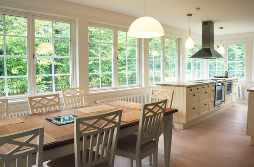 light kitchen interior, chairs, desk, windows