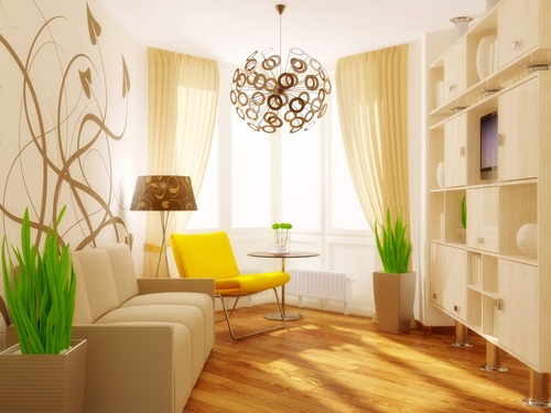 modern interior room with yellow armchair and pattern on the wall